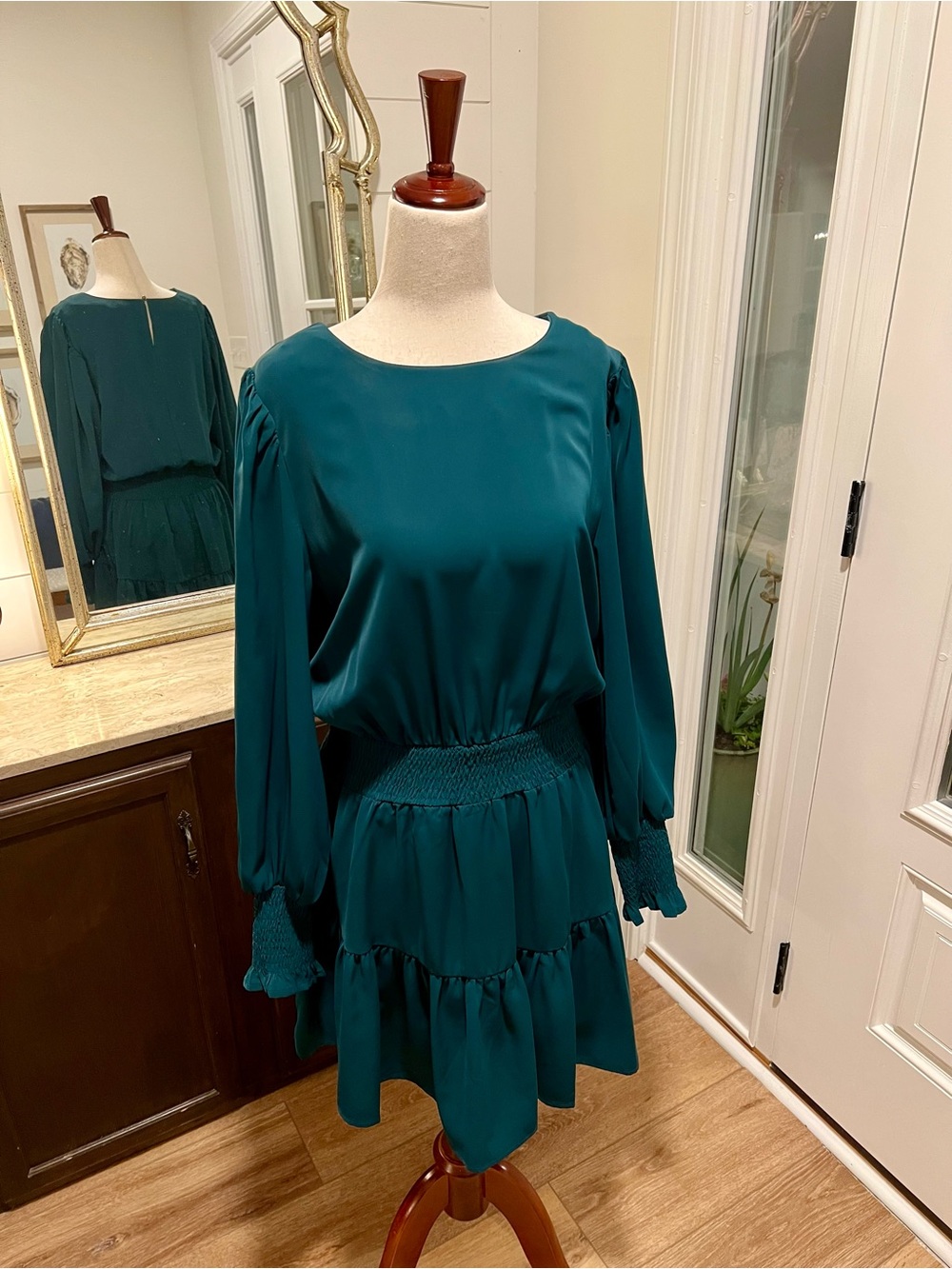 entro Teal Long-Sleeve Smocked Waist Tiered Dress
